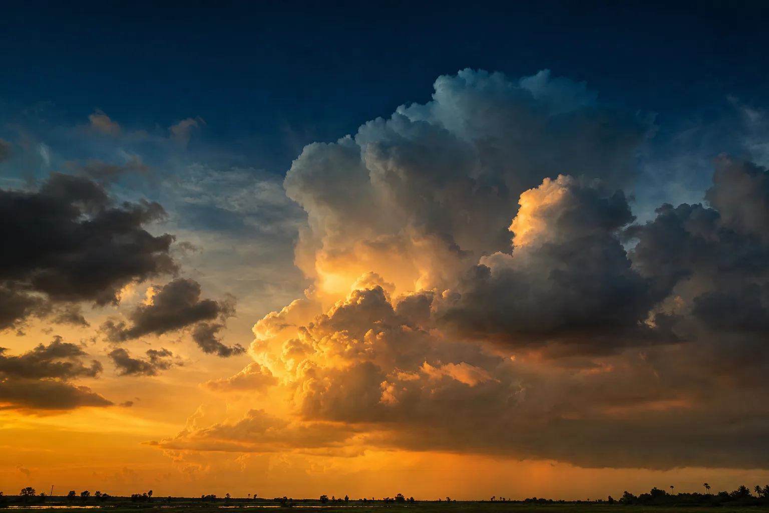 Wide Florida sky with dramatic clouds over open land, evoking abundant solar insolation