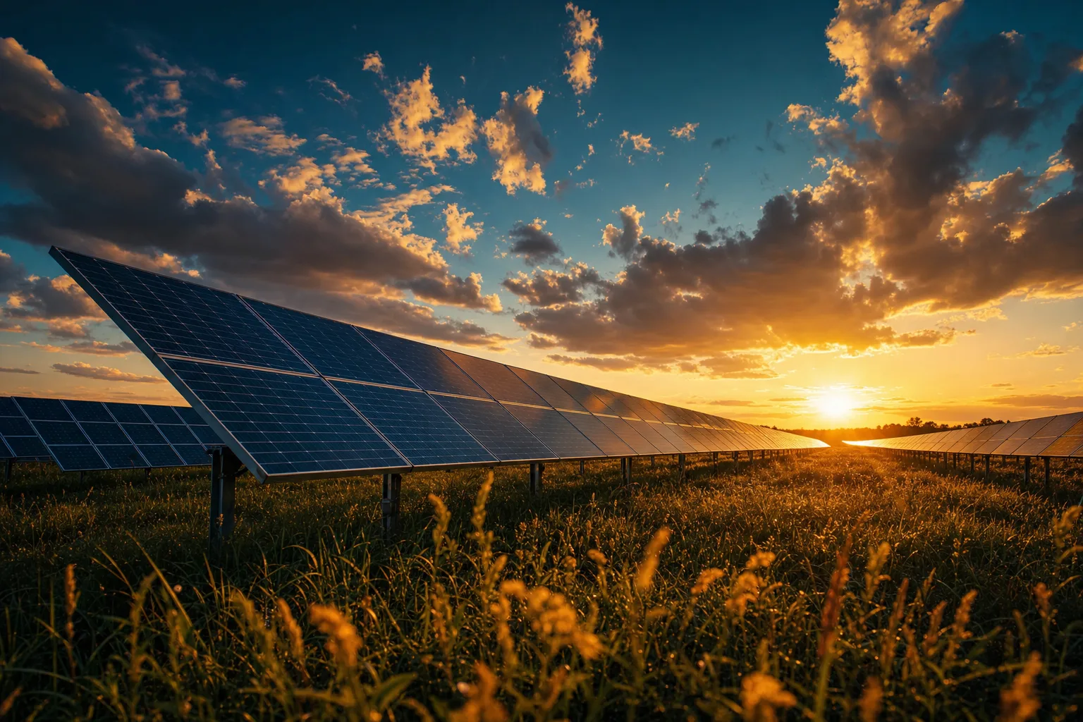 Rows of solar panels at a Florida solar farm glowing under a golden-hour sky