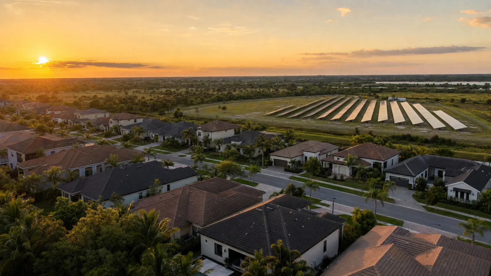 Residential housing development rooftops beside a solar installation, evoking Florida Sun Farms' Phase 3 housing-anchored strategy