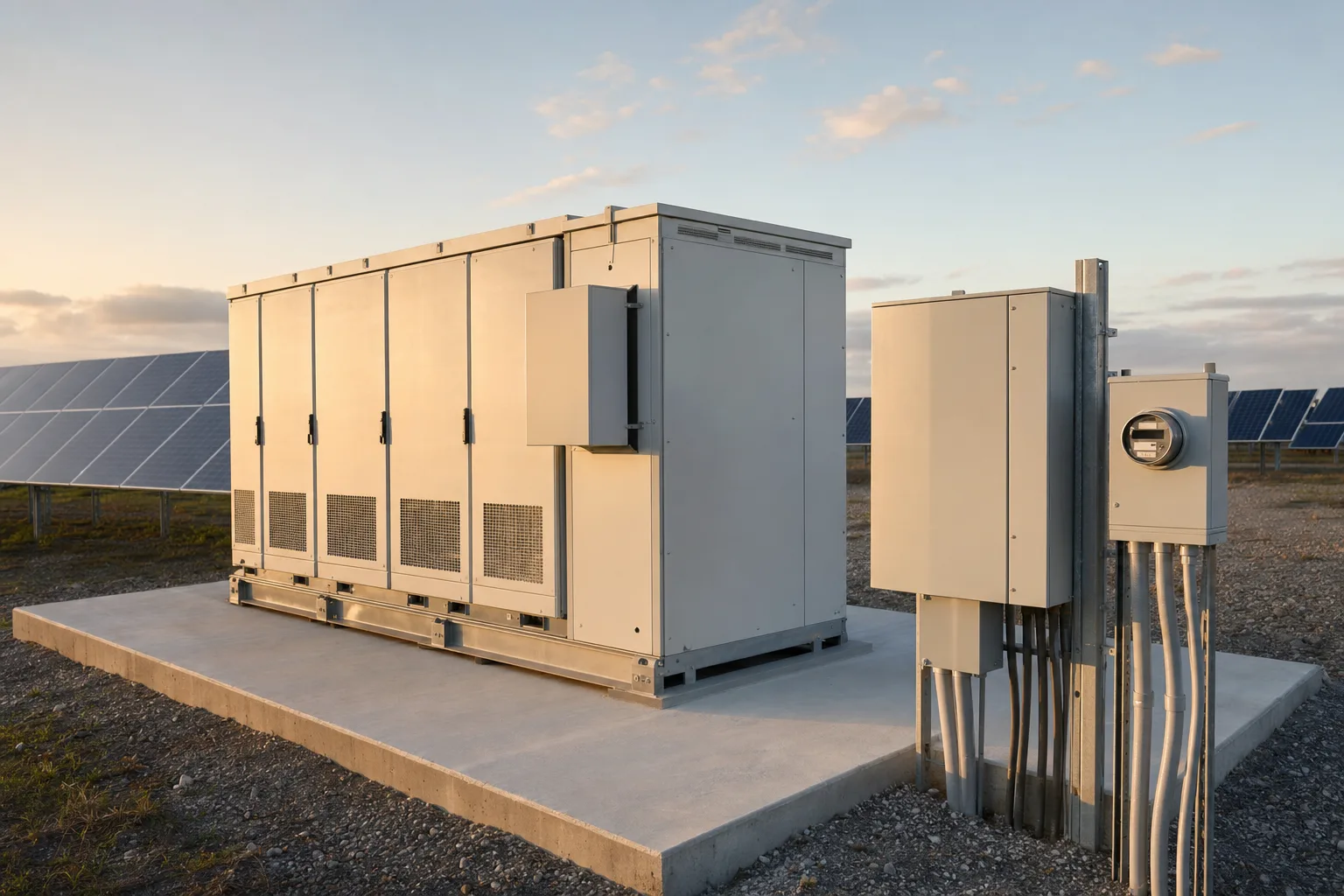 Utility-scale inverter and metering station beside rows of solar panels