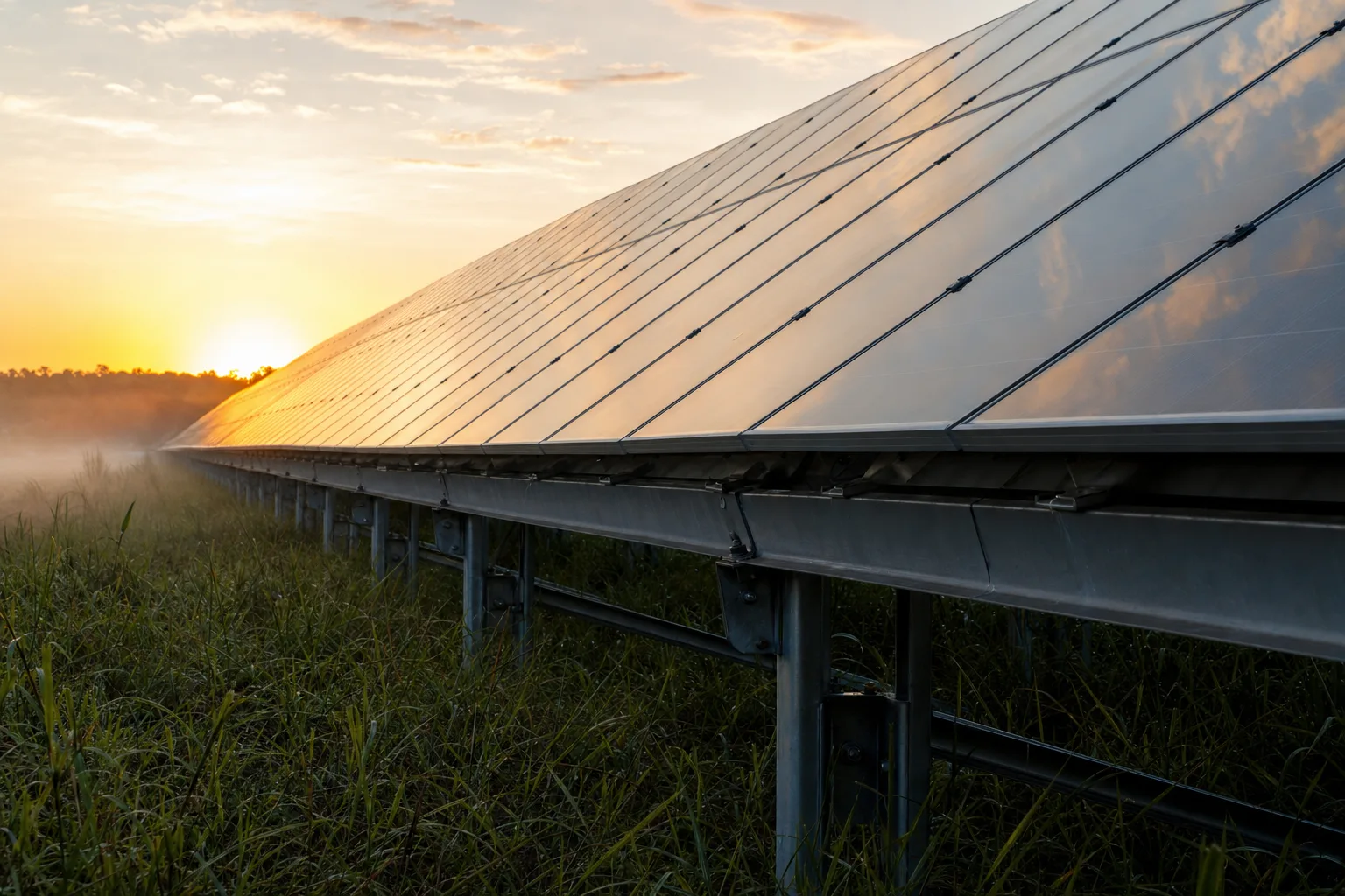 Low-angle view of a single row of ground-mounted solar panels with steel racking at sunrise